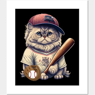 Cat playing baseball Funny Cat Sports for Boys funny cat baseball catcher cat pitcher first baseman Posters and Art